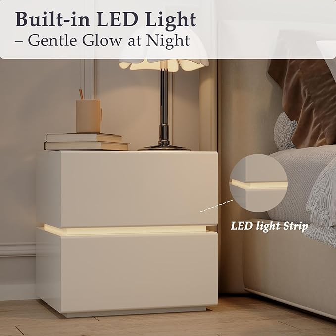 Modern Nightstand with Lights, Microfiber Leather Surface for Soft Touch, LED Night Stand with 2 Drawers for Bedroom Bed Sofa