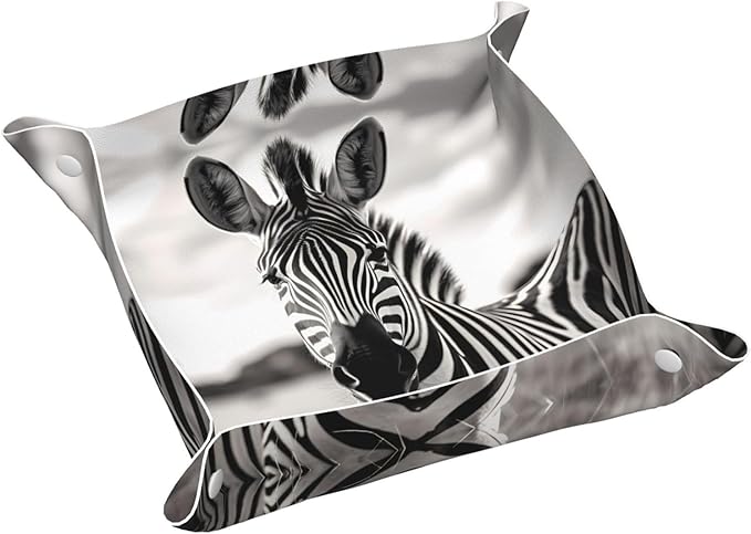 Leather Storage Tray for Bedside Table, Desk, Dressing Table, and More - Easy to Clean Medium Black and White Zebra Prints