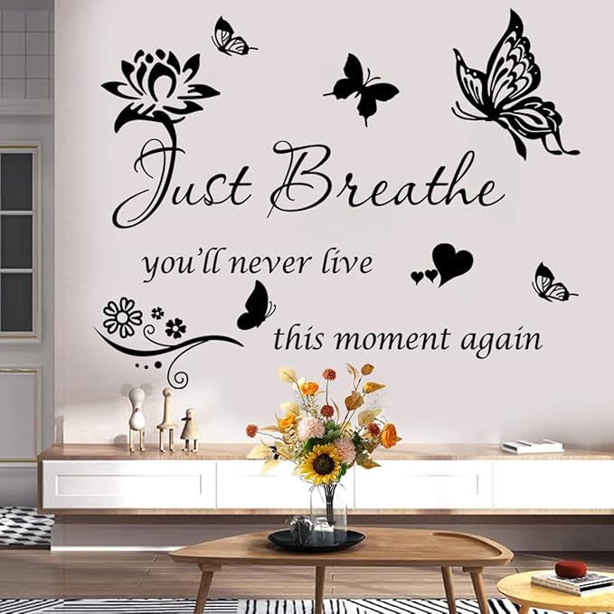 Inspiring Positive Quotes Wall Sticker - Just Breathe Decals, Inspirational Art for Women Girls Bedroom Living Room - Encouragement Gifts Home Decoration