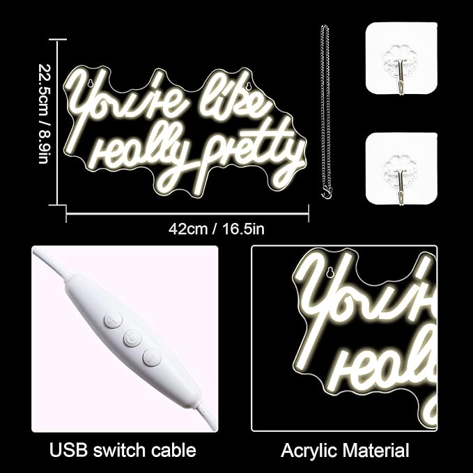 Lucunstar You're Like Really Pretty Neon Sign Warm White Led Neon Light for Wall Decor Light Up Sign for Wedding Dimmable Switch USB Connectivity Neon Signs for Bedroom Decor Party Light