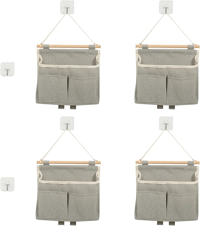 4 Pcs Wall Hanging Storage Caddy Bags, Wall Hanging Organizer Bag with Hooks, Linen Cotton Fabric Hanging Wall Door Organizer, Waterproof Hanging Pouch File Magazine Wall Mount Organizer for Bedroom