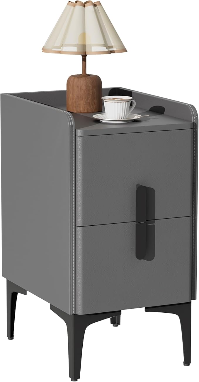 VICITON Narrow Nightstand with 2 Drawers, Narrow Side Table Leather Surface, Slim Bedside Table for Bedrooms, Dormitories, Living Rooms (Light Gray, 15.7" D x 11.8" W x 22.4" H)