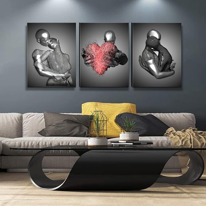 Framed 3 Pcs Love Heart 3d Wall Art Metal Sculpture Romantic Couple Abstract Art Prints Posters Decor Grey Black and White Canvas Printsfor Bedroom Living Room Bathroom Hotel Valentine'S Day ready to