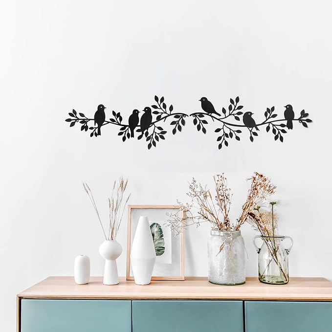 LOMOHOO Metal Birds Wall Decor Art Leaves 6 Birds on Vine Olive Branch Iron Sculptures Silhouette Metal Hanging Ornament Bedroom Living Room Indoor Outdoor Decoration