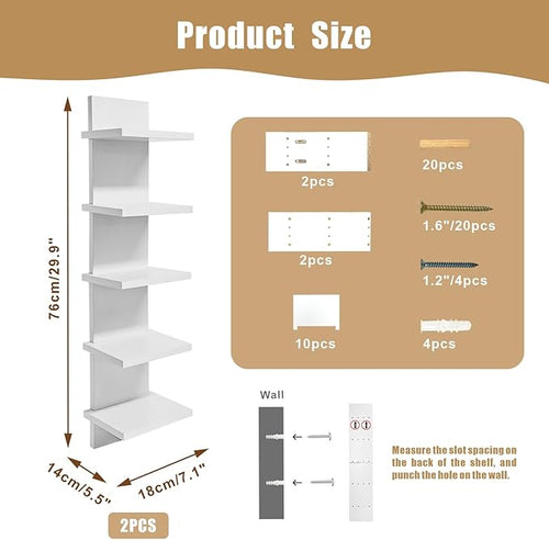 2 PCS 5 Tier Shelves for Wall, Decorative Wall Mounted Vertical Shelving Column Decor Mount Floating Storage Organizer Natural Finish Wall Shelf for Living Room, Bedroom, Bathroom