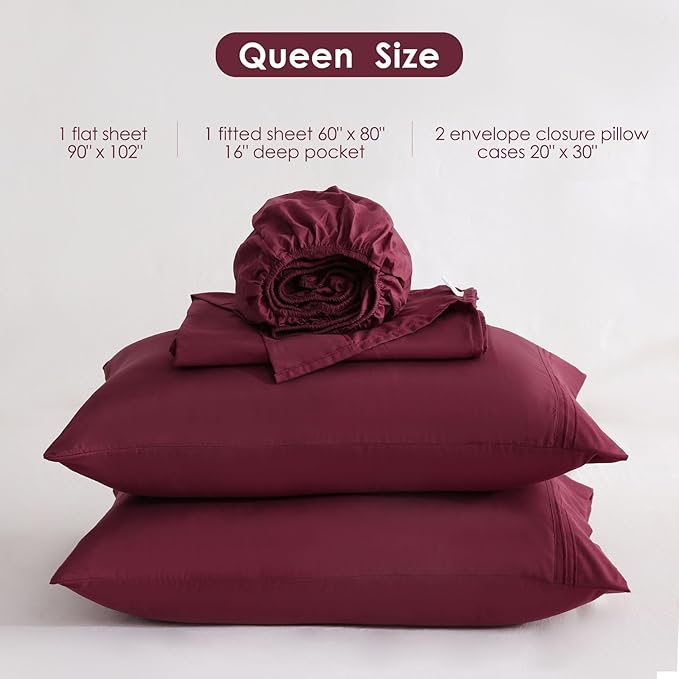 JSD Burgundy Queen Sheet Set with Side Pocket Corner Straps, 4 Piece Soft Microfiber Bed Sheets Extra Deep Pocket