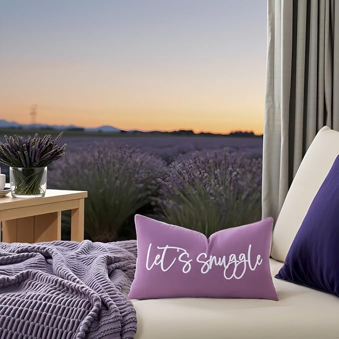 Sunkifover Let's Snuggle Decorative Lumbar Pillow Cover - 14x24 Inch Purple and White Cotton Embroidery Throw Pillowcase for Bed, Bedroom, Living Room, Home Decor