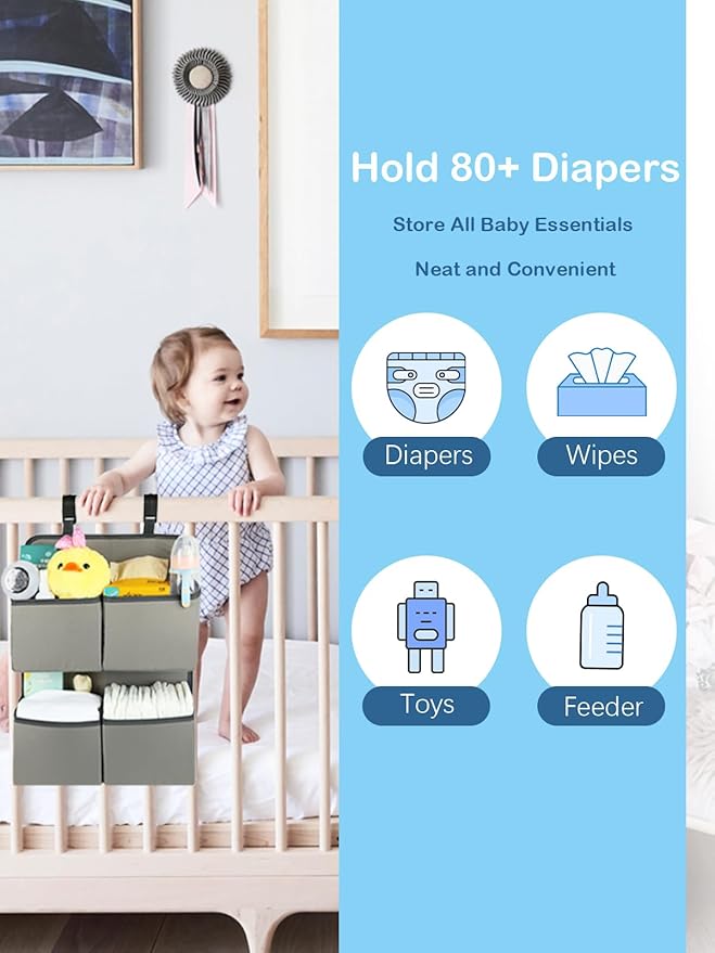 Hanging Diaper Organizer for Crib/Playpen/Bassinet – Hold 80+ Diapers - 4 Deep Pockets-H19in x L15 in Changing Table Diaper Holder - Hanging Diaper Storage Stacker Nursery Caddy - Gray