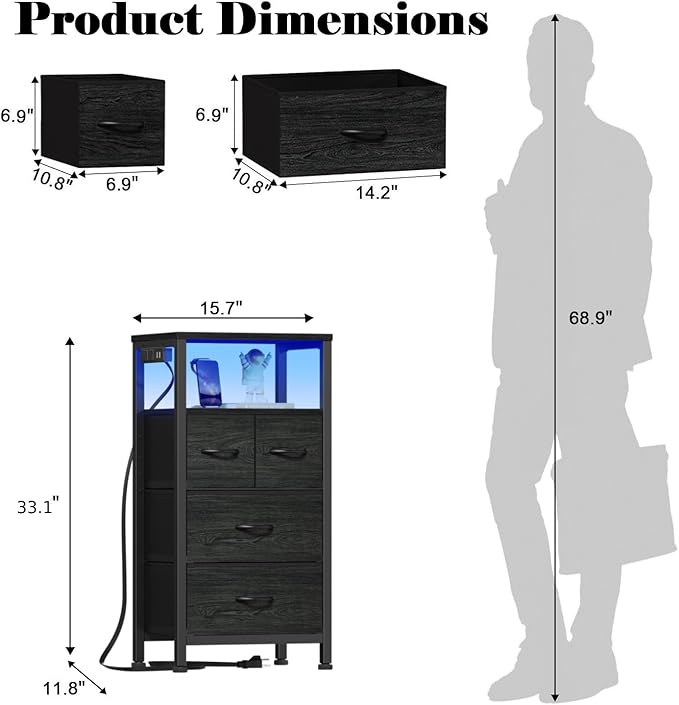 Furnulem Tall Night Stand with Charging Station and Led Light, Small Dresser with Open Shelf and 4 Storage Drawers, Black Side Table Fabric Nightstand for Bedroom, Entryway, Bedside Furniture | and Led Light, Open Shelf, 4 Storage Drawers, for Bedroom,...