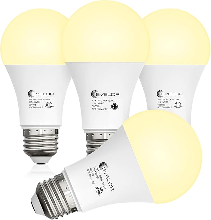 4-Packs A19 LED Light Bulbs,100 Watt Equivalent 2700K Soft White Bright Bulbs Efficient 13W,1500 Lumens E26 Base, Non-Dimmable, 15000-Hour Lifespan for Bedroom, Living Room, Office
