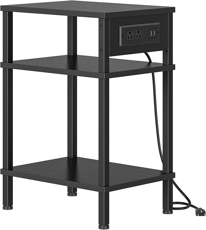 Side Table with Charging Station, Tall End Tables Living Room, 21.7 Inch Skinny Night Stand with Storage, Small Bedside Tables for Bedroom, Office, Dorm, Hallway, Black