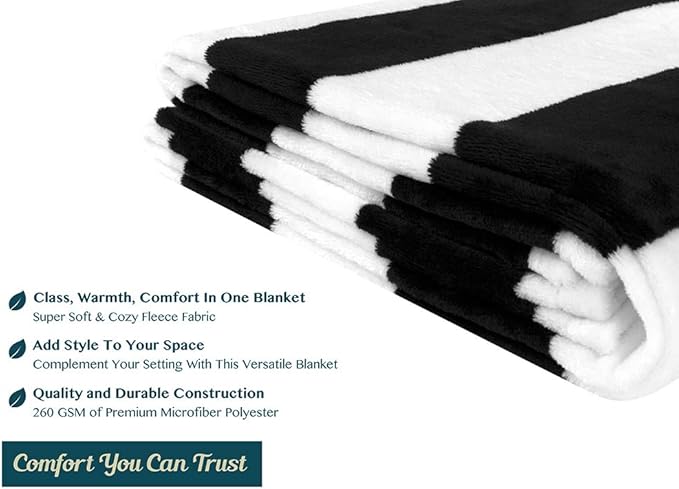 PAVILIA Striped Throw Blanket for Sofa Couch | Soft Flannel Fleece Stripe Black and White Decorative Throw | Warm Cozy Lightweight Microfiber | 50 x 60 Inches