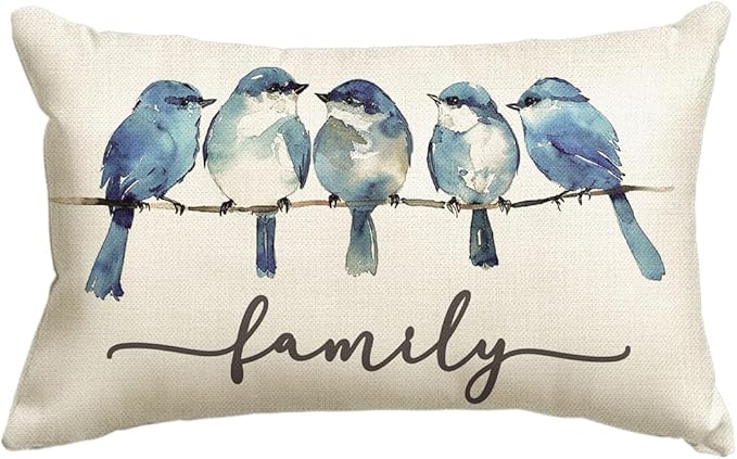 AVOIN colorlife Home Sweet Home Bluebird Family Watercolor Throw Pillow Cover, 12 x 20 Inch Christmas Winter Cushion Case Decoration for Sofa Couch