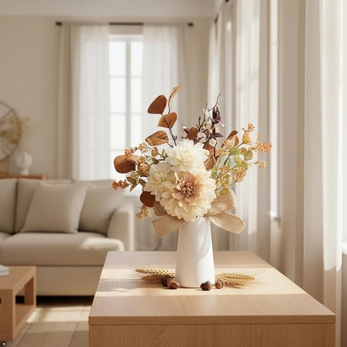 Small Artificial Flowers in Ceramic Vase 15 inch Faux Flower Centerpieces Coffee Table Decor, Silk Flower Arrangements Indoor Fake Bouquet for Dining Room Kitchen Wedding Home Decor, Brown