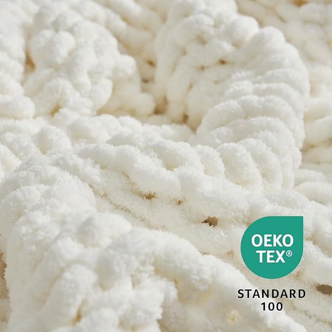 Amélie Home Chunky Knit Throw Blanket for Couch, Soft Chenille Crochet Blanket for Sofa, 60"x80", Ivory