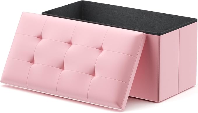 MoNiBloom 30 Inch Storage Ottoman Bench, 24 Gal. Folding Ottoman Footrest, End of Bed Bench, Rectangle Foot Stool, Supports 600 lbs, for Bedroom, Living Room, Entryway, Hallway, Light Pink