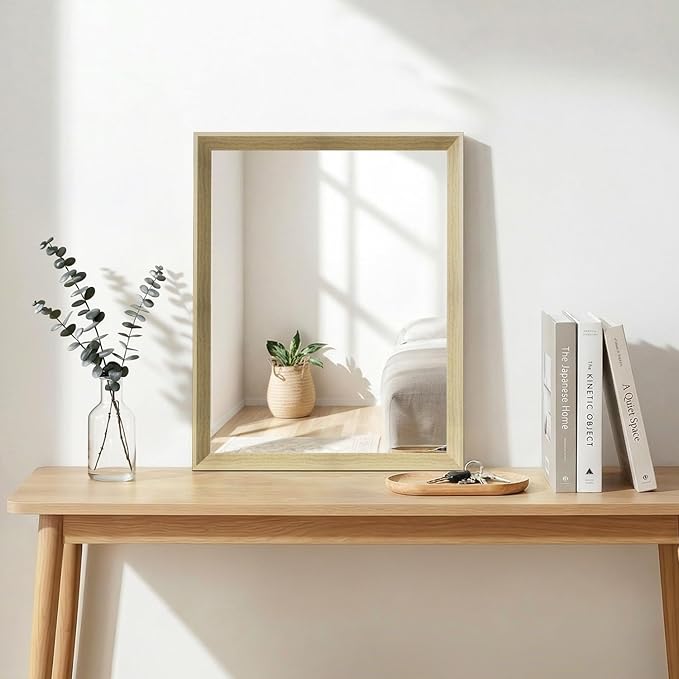Oak Wood Effect Framed Wall Mirror, 16x20 Rectangle Mirror, 1/8" Anti-desilvering Tempered Glass, Sustainable&Sturdy Frame, Anti-Rust, HD Reflection &3min Fast Setup for Bathroom Living Room