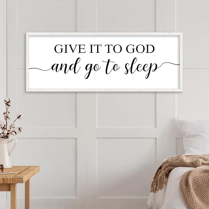 YWJKWLGS Give It To God And Go To Sleep Sign Large Bedroom Wall Decor Art 40x15 Inch Rustic Wooden Framed Above Over Bed for Peace Wall Hanging Plaque (White)