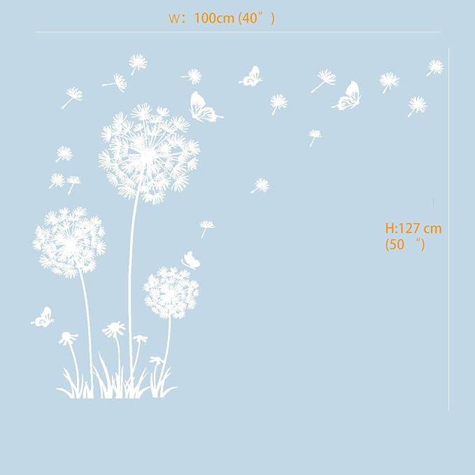 Runtoo White Dandelion Art Stickers - Large Flower Butterfly Wall Decals for Bedroom and Living Room Decor