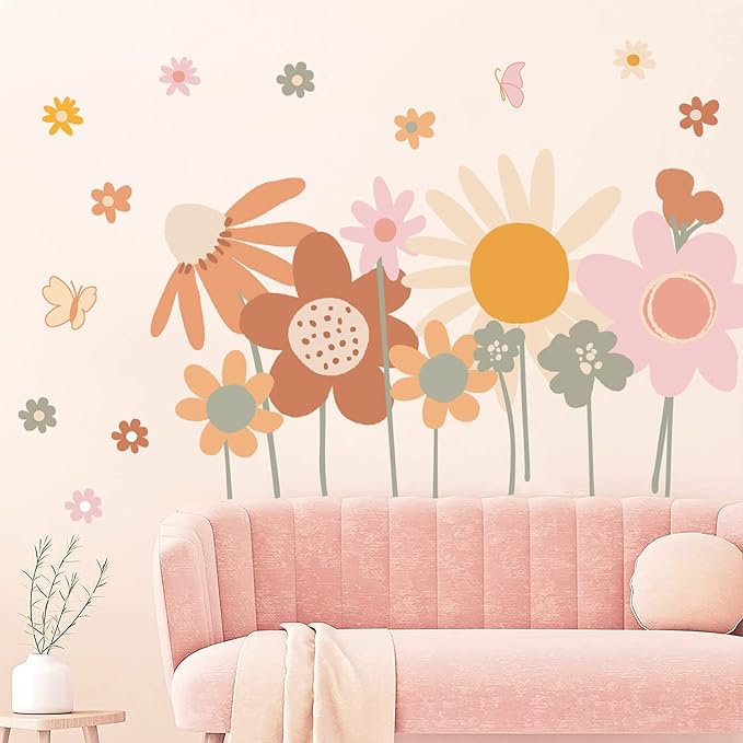 Supzone Colorful Flower Wall Stickers - Boho Retro Vintage Floral Art Decals for Bedroom, Living Room, TV, Office - Large Home Decoration