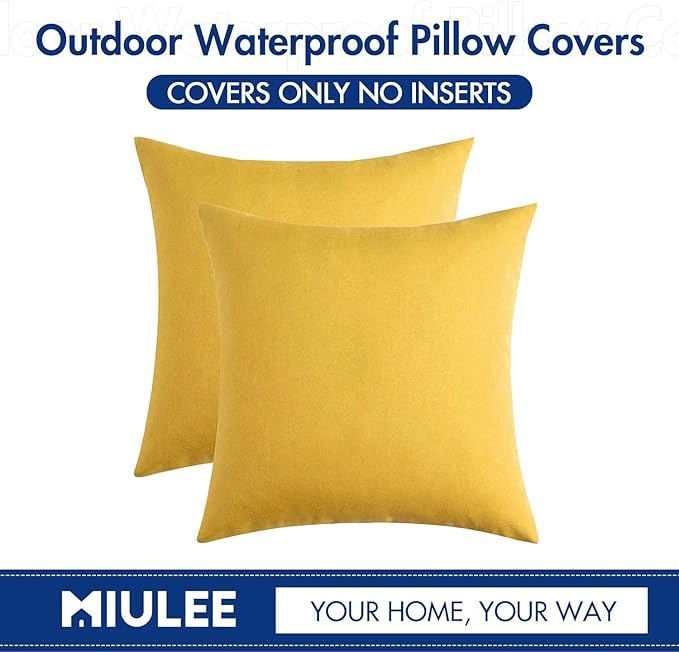 MIULEE Pack of 2 Decorative Outdoor Solid Waterproof Throw Pillow Covers Faux Linen Garden Farmhouse Cushion Cases for Summer Patio Tent Balcony Couch Sofa 18x18 Inch Yellow