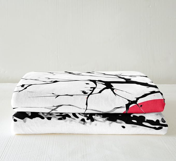 Erosebridal Mount Fuji Blanket Throw, Mountain Cherry Branches Red Sun Ink Painting Japanese Style Ukiyo-E Theme Sherpa Blanket for Sofa Lightweight, Twin 60"x80", Black White Grey