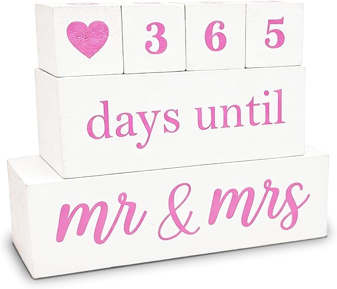 6 Pcs Wooden Engagement Gifts for Couples Wood Engagement Party Decorations Block Wedding Day Countdown Calendar Fiance Gifts for Women Future Mr Mrs Newly Engaged Couples, White