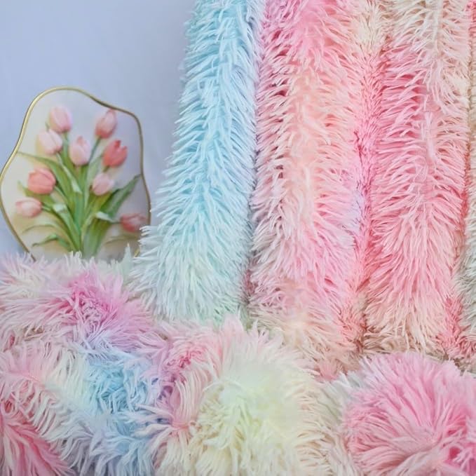 MYRU Plush Super Soft Blanket, Colorful Bedding Sofa Cover, Furry Fuzzy Faux Fur Throw, Cozy Tie Dye Shaggy Couch Blanket (51"x63", Rainbow)