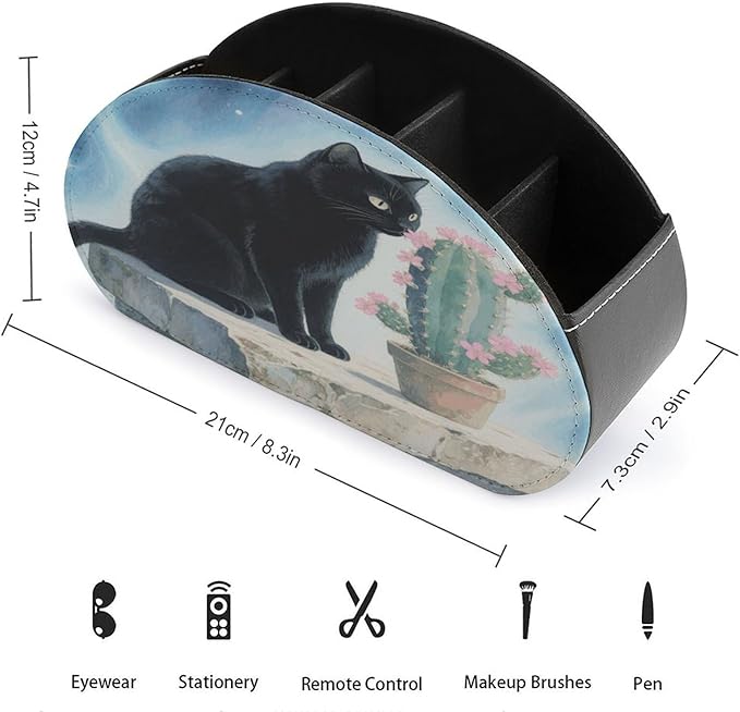 Black Cat Cactus Remote Control Holder Organizer Box with 5 Compartment PU Leather Bedside Storage Caddy Remote Organizer for Controller Media Player Pen/Pencil Storage