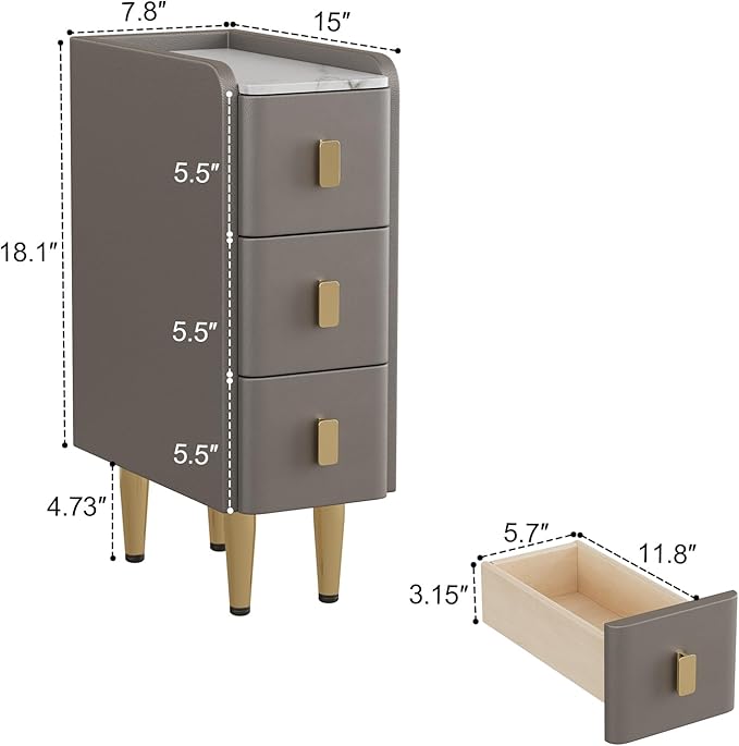 AQIMUELE Narrow Nightstand with Drawers, Narrow Side Table Leather, Small Bedside Tables for Bedroom. (Dark Gray)