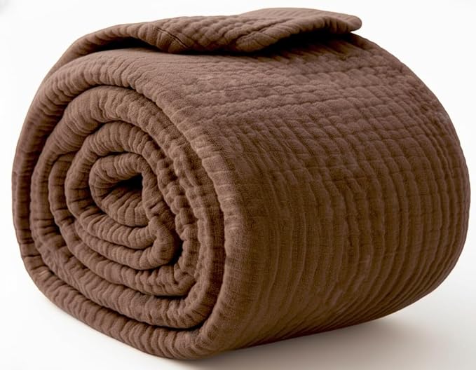 KyraHome 100% Cotton Throw Blankets, 90“x90” Queen, Organic Cotton Blanket, Plant Dyed, Breathable Lightweight Muslin Blankets for Adult, Kids, Bed, Couch, All Season, (Brown)