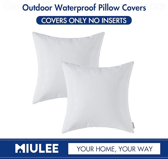 MIULEE Pack of 2 Decorative Outdoor Waterproof Pillow Covers Square Garden Cushion Sham Throw Pillowcase Shell for Spring Patio Tent Couch 18x18 Inch White