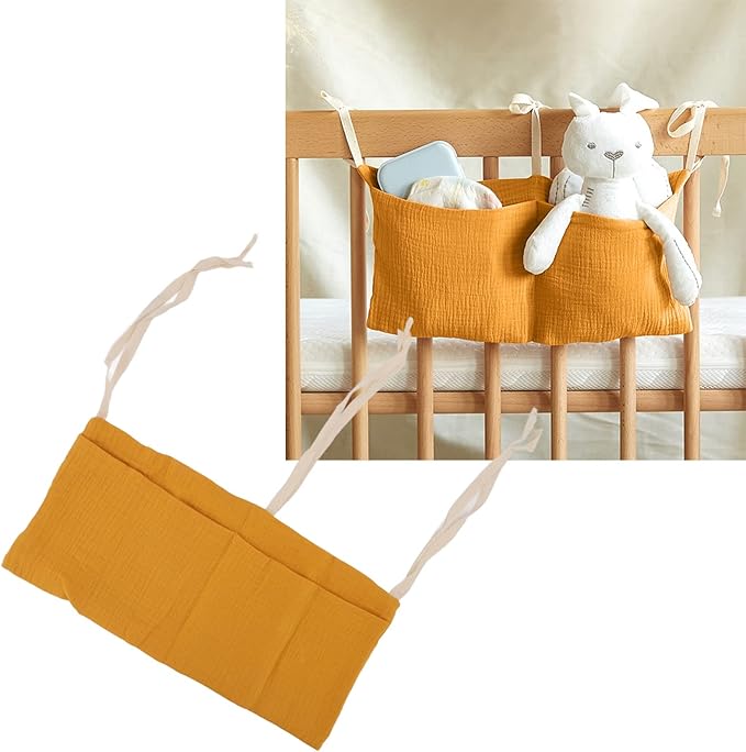 Crib Organizer Hanging for Crib, Linen Baby Bedside Hanging Storage Bag Bedside Caddy Baby Bottle Storage Organizer 2 Pockets Organizer for Baby Cribs and Toys, Turmeric