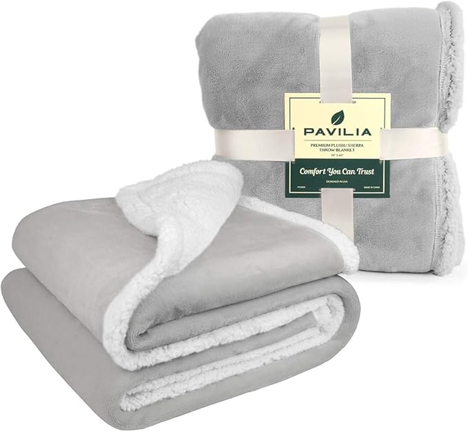 Pavilia Sherpa Fleece Blanket for Bed, Queen Size, Light Grey, Plush Soft Fuzzy, Cozy Reversible Winter Blanket for Women & Men, 90x90 Inches