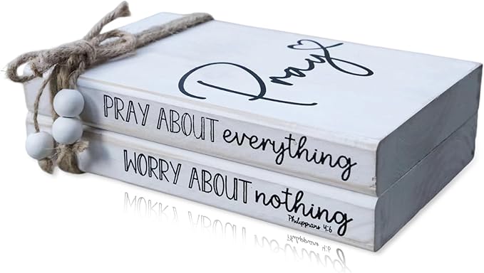 LIVDUCOT Faux Books for Christian Decoration, Decorative Wooden Book Stack for Bible Verse Home Decor - Pray About Everything Worry About Nothing Sign