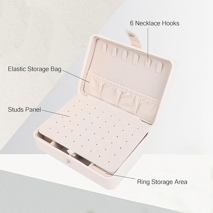 Travel Jewelry Organizer Box, Small Jewelry Box Organizer with Necklace Hooks Ring Slots and Removable Dividers for Storage and Organization