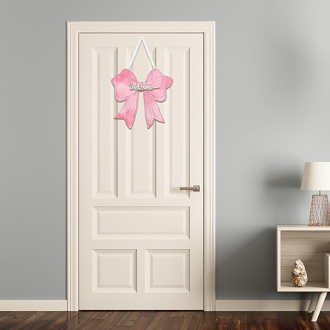 Pink Bow Decor Hanging Sign Cute Coquette Bow Decoration Double-sided Wooden Bowknot Welcome Door Sign for Preppy Room Wall Home Bedroom Fall Halloween Indoor Outdoor Porch
