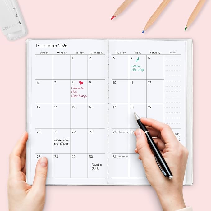 Pocket Calendar 2026-2027, Pocket Planner 2026-3.7" x 6.7" - Runs from January 2026 Until December 2027, Monthly Planner 2026-2027 with PVC Cover for Planning, Pink