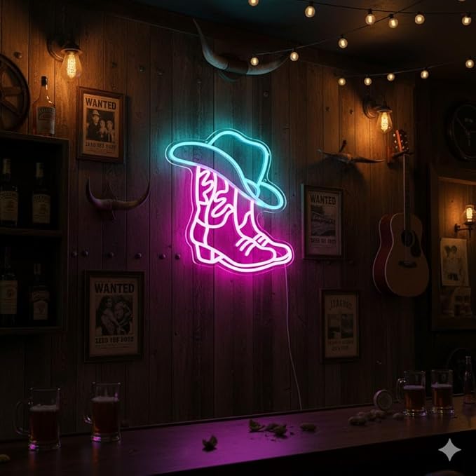 Cowboy Boot and Hat LED Neon Sign,Western Country Wall Decor for Bar, Man Cave, Garage,Pink White Aesthetic Rodeo Neon Light, Unique Christmas Birthday Gifts(13x15 in)