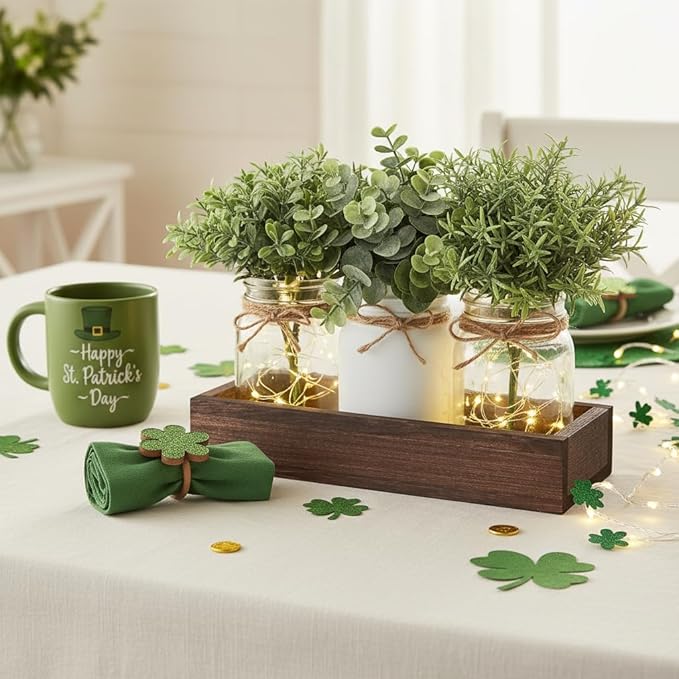 Mkono Mason Jar Lights Table Centerpiece for Dining Room Fake Eucalyptus Plants Christmas Table Decor for Kitchen Coffee Table Living Room Bathroom