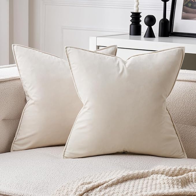 MIULEE Cream White Velvet Throw Pillow Covers 22x22 Soft Decorative Solid Square Cushion Cases Pack of 2 Modern Luxury Home Decor for Couch, Sofa, Bedroom