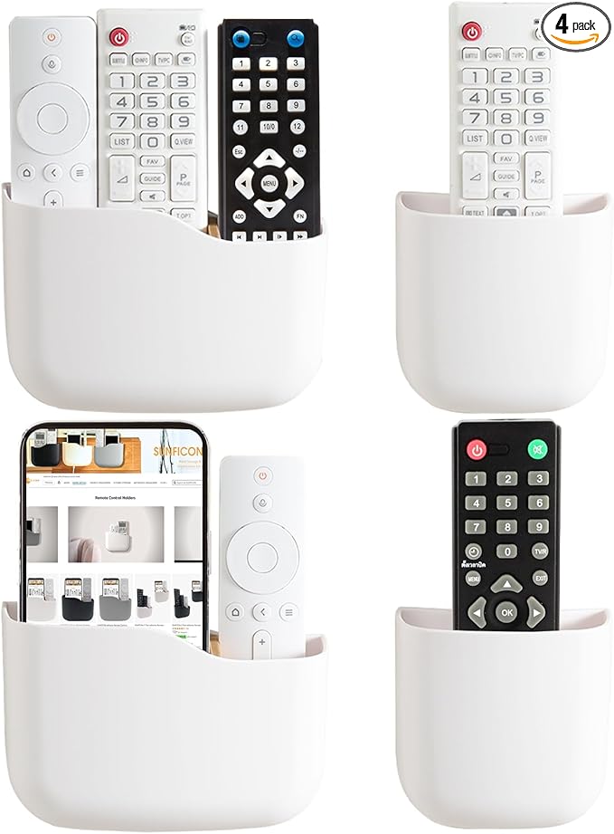 Remote Holder Wall Mount TV FAN Remote Control Holder Bedside Caddy Wall Organizer Phone Holder for Office Adhesive Media Player Controller Holder Box Tray Home Desk Nightstand White 2Big 2Small