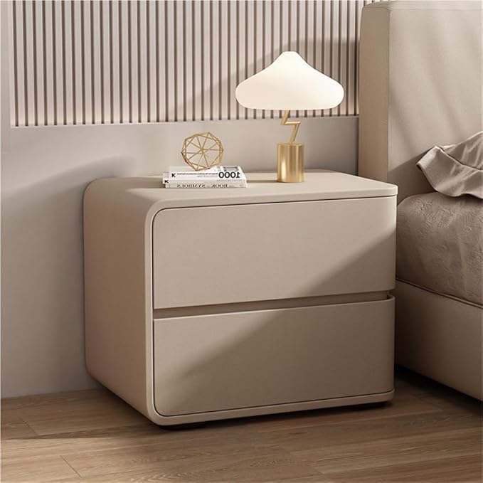 Minimalist Bedside Table Wood Bedside Furniture, Leather Nightstand with 2 Drawer Storage Modern Night Stand for Bedroom, Living Room, 17.7x15.7x18.9inch(Coffee,Left)