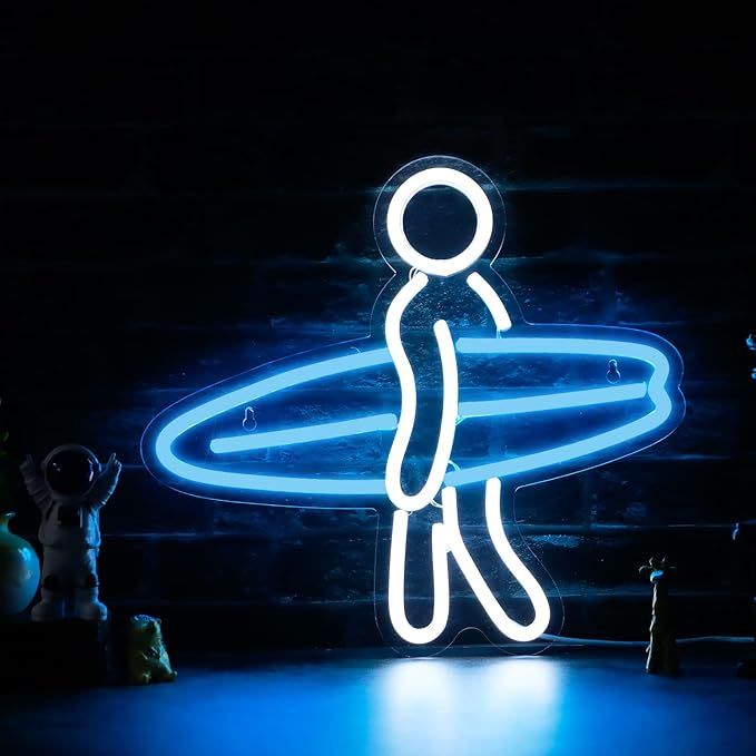 Surfer Neon Sign for Bedroom Wall Decor USB Powered, Surfboard Decor Dimmable Surfer Light Anime Neon Sign for Kids Room Wall Art Birthday Gift 13 * 12 Inches Ice Blue
