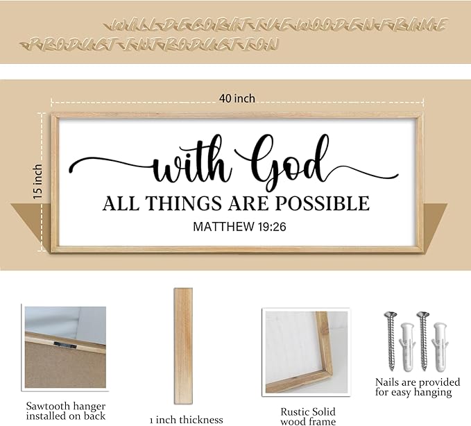 comurdyo With God All Things are Possible Wall Decor 40"X15" Matthew 19:26 Sign Bible Verse Large Wooden Framed Christian Scripture Prayer Wall Hanging Art (Wood)