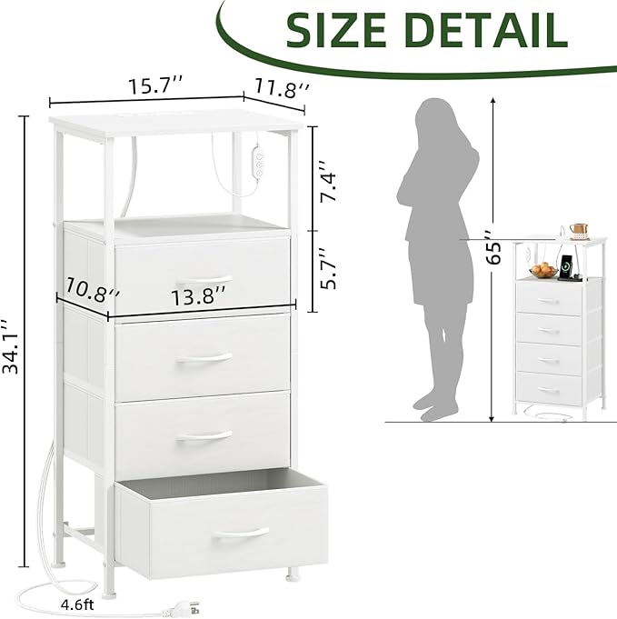 Somdot White Nightstand with Charging Station and LED Light for Bedroom, Tall 4 Drawers Dresser with Fabric Bins for Bedside Kids Dorm Room Closet Laundry Entryway, White Leather