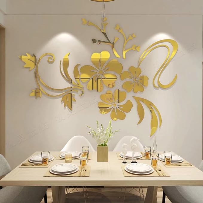 Wall Stickers 3D Flower Mirror - Family Wall Decals Living Room Wall Decor Mirror Stickers Walls Decor Living Room Home Decorations Room Decor for Office Bedroom Mirror Decals (Golden M:48 * 64 inch)