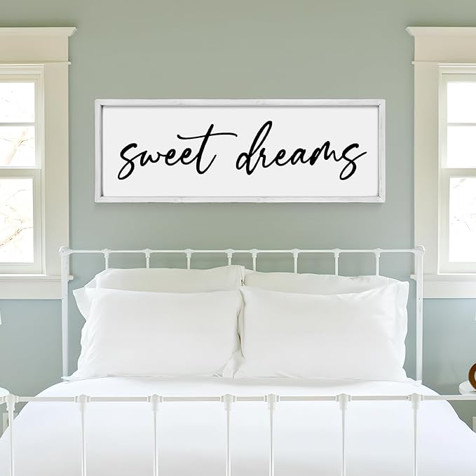 Sweet Dreams Wall Decor Above Bed 42''×15'' Large Bedroom Sign Farmhouse Wood Framed Master Bedroom Guest Room Decoration (White)