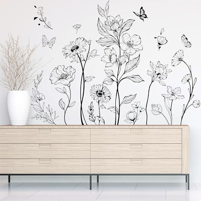 Runtoo Boho Black Flower Wall Decals Simple Wildflower Floral Wall Stickers for Girls Bedroom Nursery Home Decor