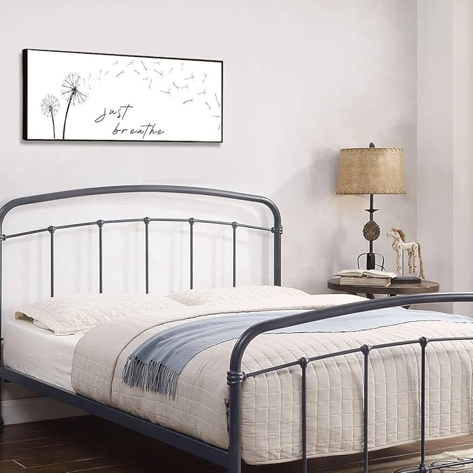 Just Breathe Wall Art - Black and White Pictures for Wall Decor Canvas Art Dandelion Minimalist Wall Art for Bedroom Decor for Women Aesthetic Inhale Exhale Wall Art (Black Wooden Frame) 43x15inch